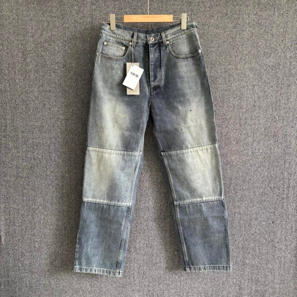 Jean Regular Dior en Sergé de Coton Bleu à Patchwork