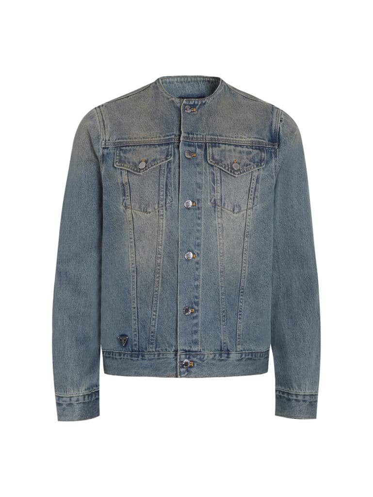Veste en Denim sans Col Prada à Logo Triangle