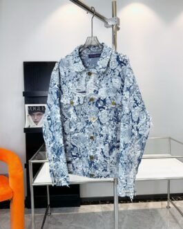 Veste Louis Vuitton denim jacquard bleu unisexe – Veste luxe motif artistique effet destroy