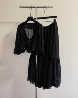 Chloé Ensemble Femme Noir Luxe – Top Volants & Jupe Longue Fluide