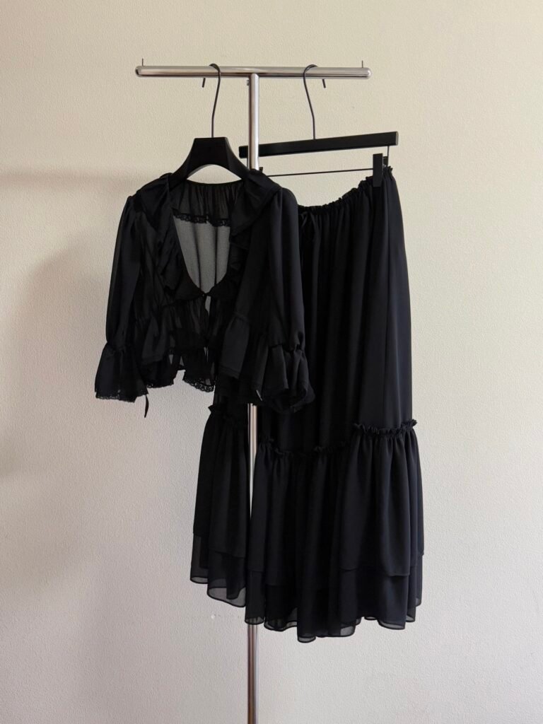 Chloé Ensemble Femme Noir Luxe – Top Volants & Jupe Longue Fluide