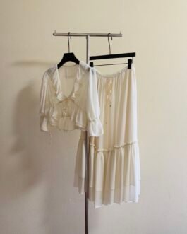 Chloé Ensemble Femme Blanc Luxe – Top Volants & Jupe Longue Fluide