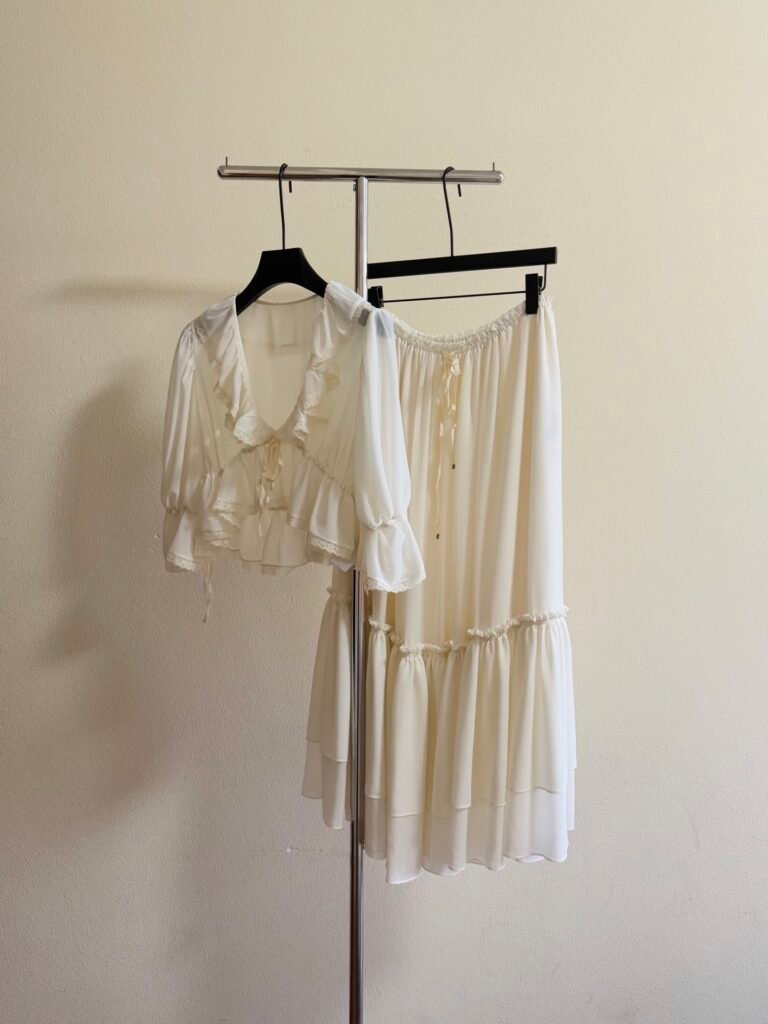 Chloé Ensemble Femme Blanc Luxe – Top Volants & Jupe Longue Fluide