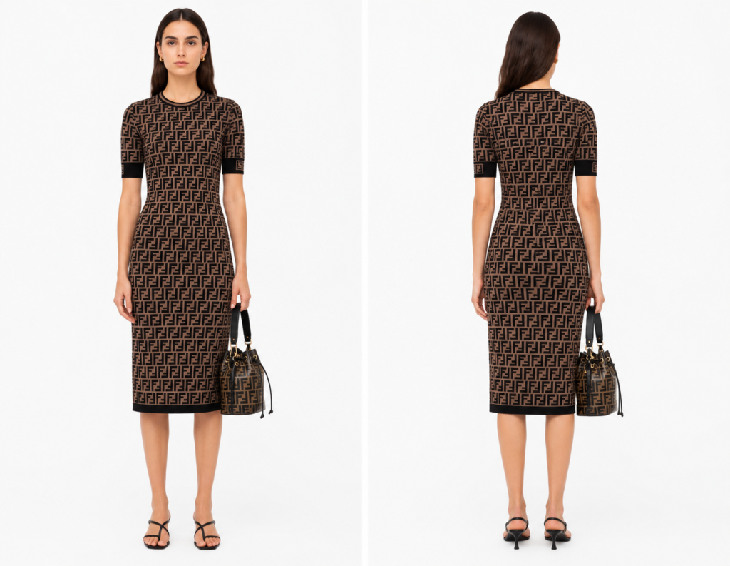 Fendi – Robe Midi Maille Monogramme FF Beige & Noir