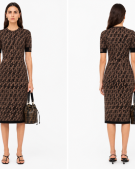 Fendi – Robe Midi Maille Monogramme FF Beige & Noir
