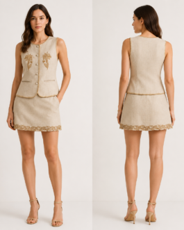 Max Mara Ensemble Écru en Lin avec Broderies Florales