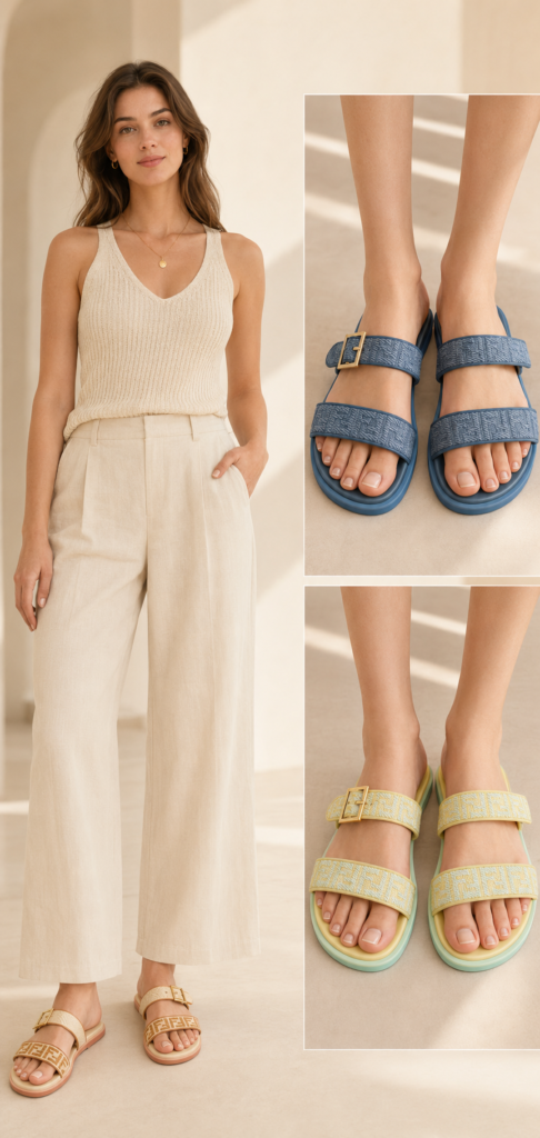 Sandales plates Fendi Feel en jacquard FF à double bride et boucle doré