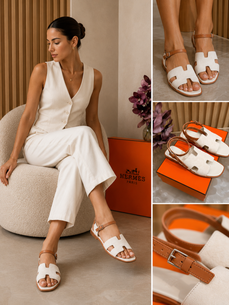 Sandales Hermès Santorini en Daim Écru – Femme