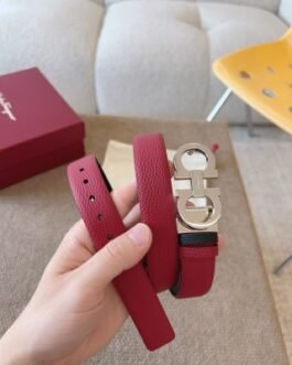 Ferragamo Ceinture Femme Double Gancini Bordeaux et Noir Boucle Argentée