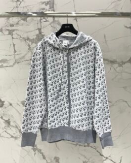 Dior Sweat zippé Oblique gris et blanc à capuche
