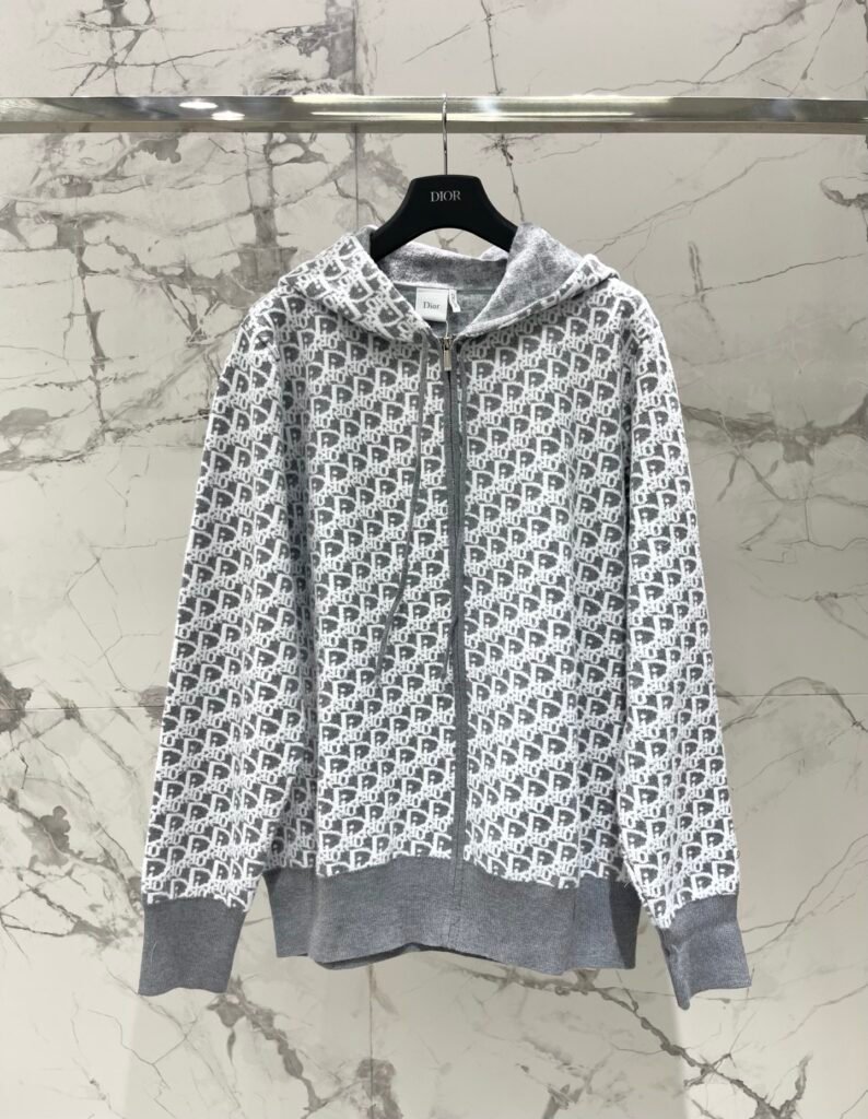 Dior Sweat zippé Oblique gris et blanc à capuche
