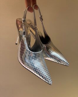 Alaïa Art Deco Slingback Heels en cuir miroir à talons – Argent 2