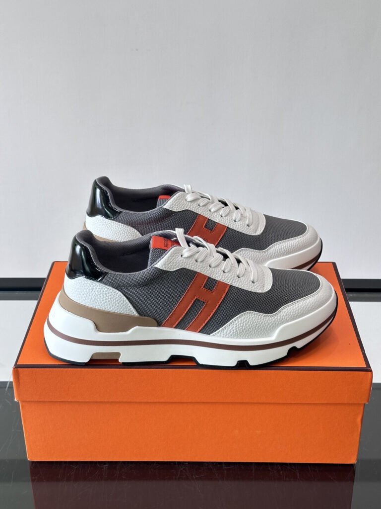 Hermès Baskets Bouncing blanc, orange et gris