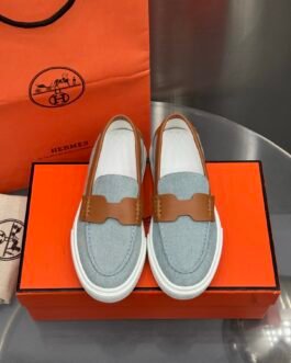 Hermès Job mocassins en toile grise et cuir camel