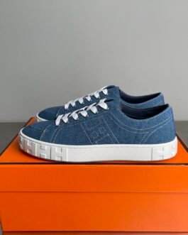 Hermès Baskets basses H en toile bleu denim