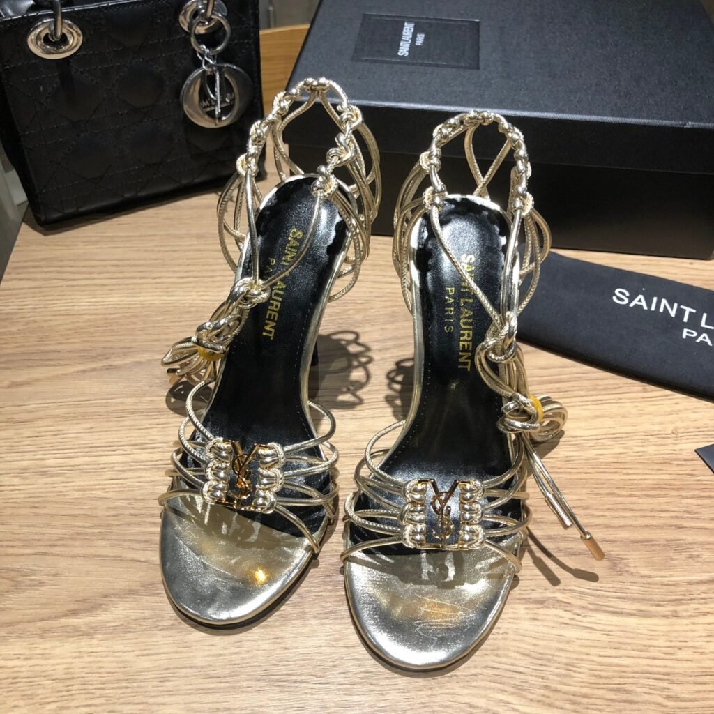 Saint Laurent BABYLONE sandales à talon en cuir et métal argenté