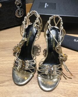 Saint Laurent BABYLONE sandales à talon en cuir et métal argenté