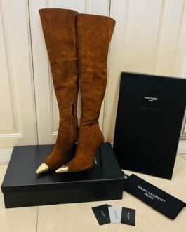 Saint Laurent Bottes hautes à bout métal doré marron