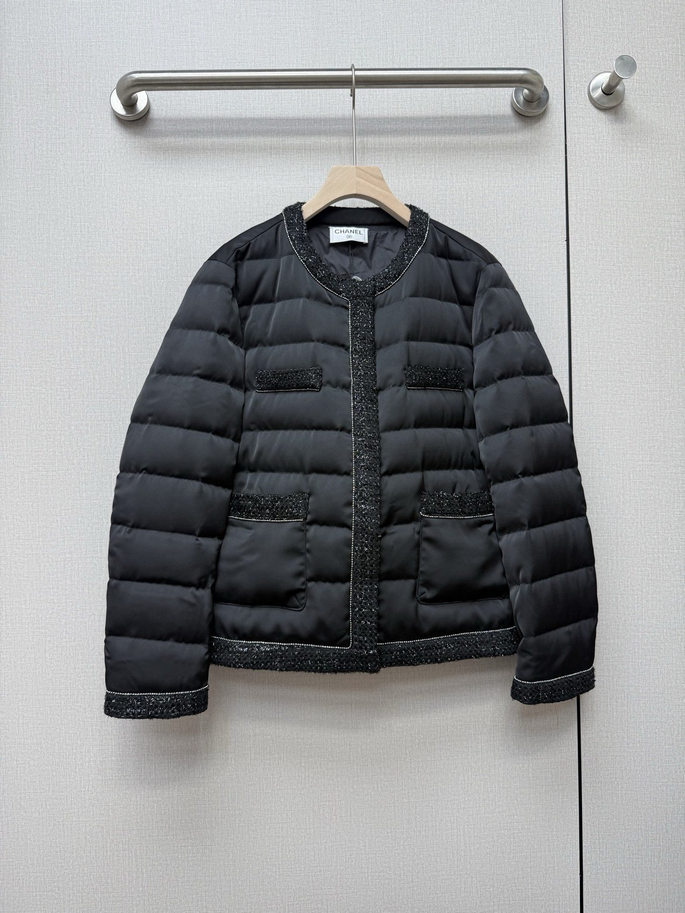Chanel Doudoune Matelassée Finitions Tweed Noir