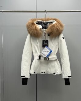 Moncler Grenoble Veste de Ski Ceinturée à Fourrure Blanc