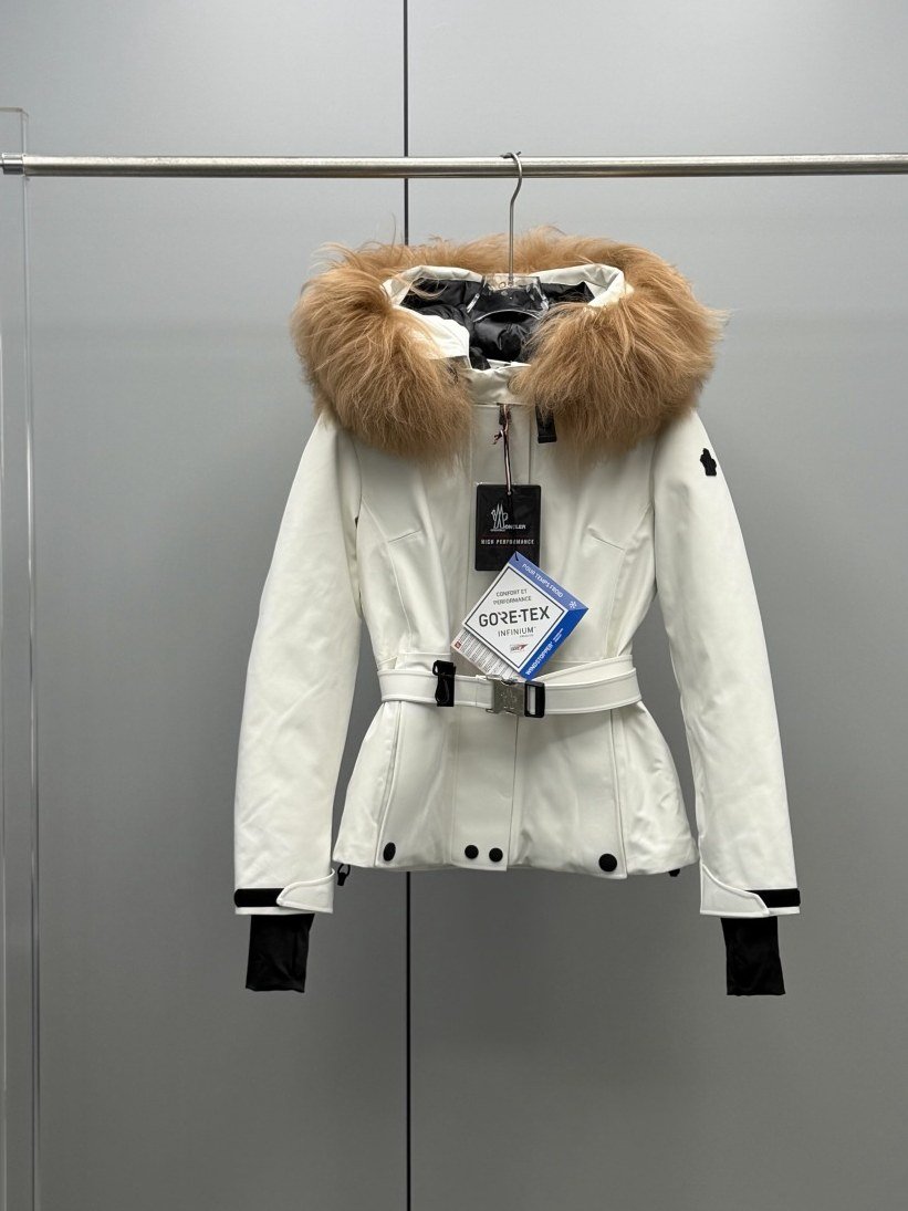 Moncler Grenoble Veste de Ski Ceinturée à Fourrure Blanc