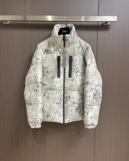 Dior Doudoune Imprimée à Capuche Blanc / Gris