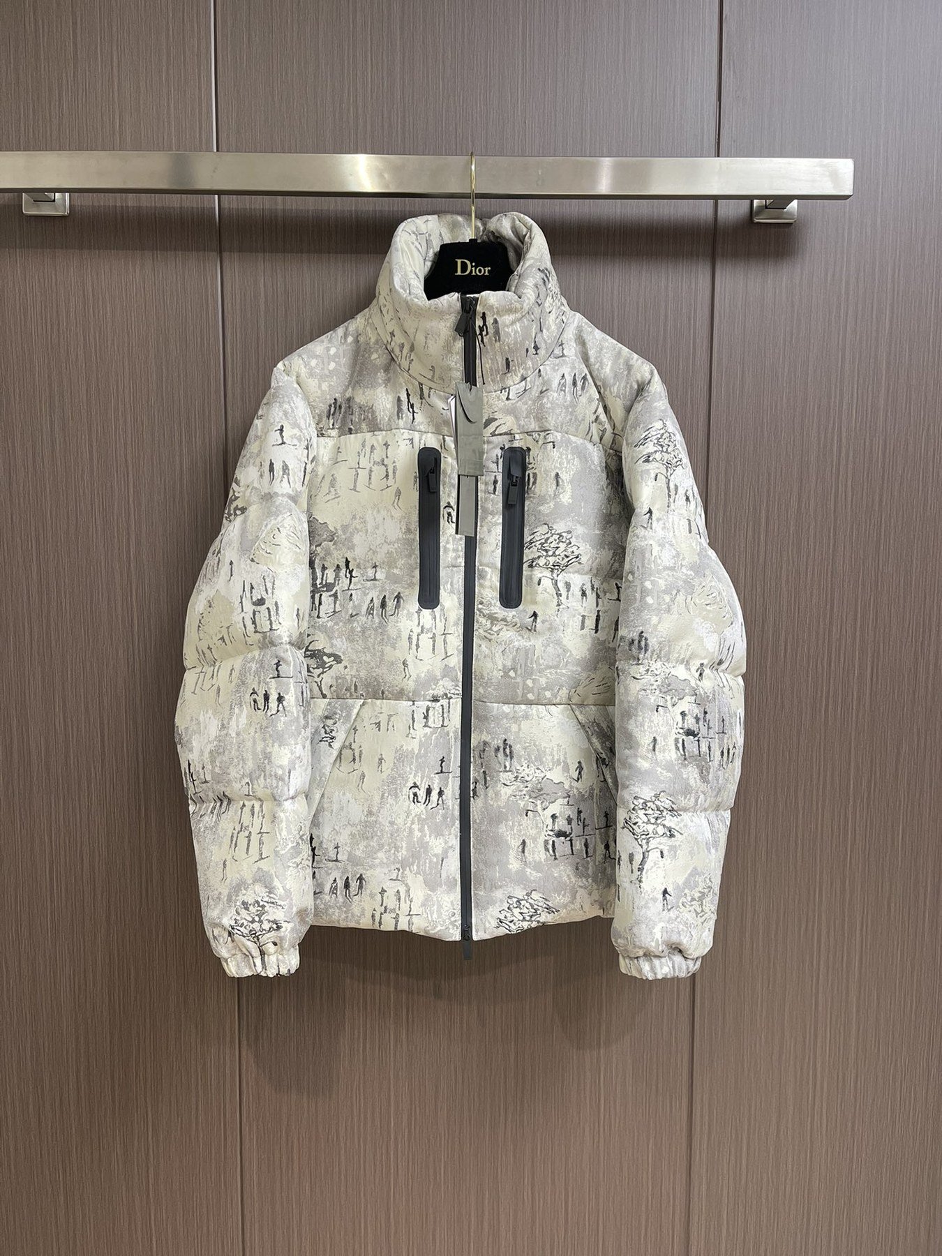 Dior Doudoune Imprimée à Capuche Blanc / Gris