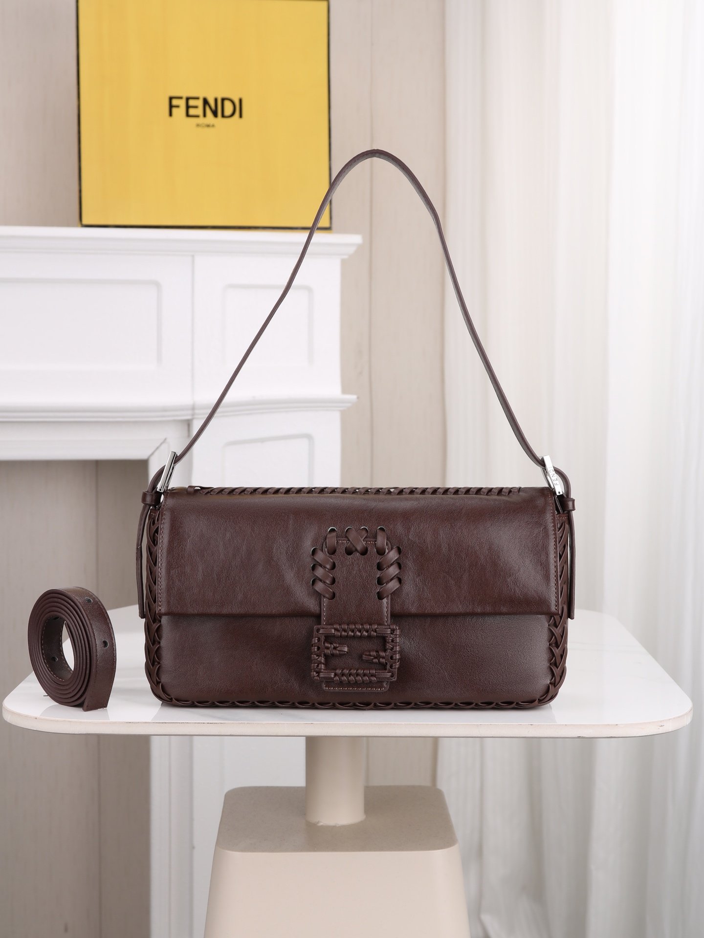 Fendi Baguette Whipstitch Marron Foncé
