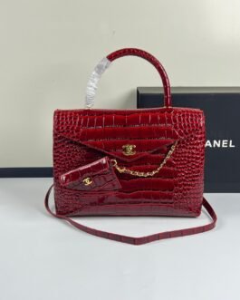 Chanel Coco Handle Croco chaîne – Rouge – chaîne dorée