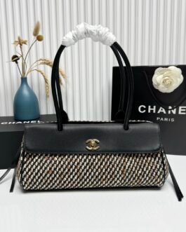 Chanel Top Handle Tweed – Noir et blanc – fermoir doré