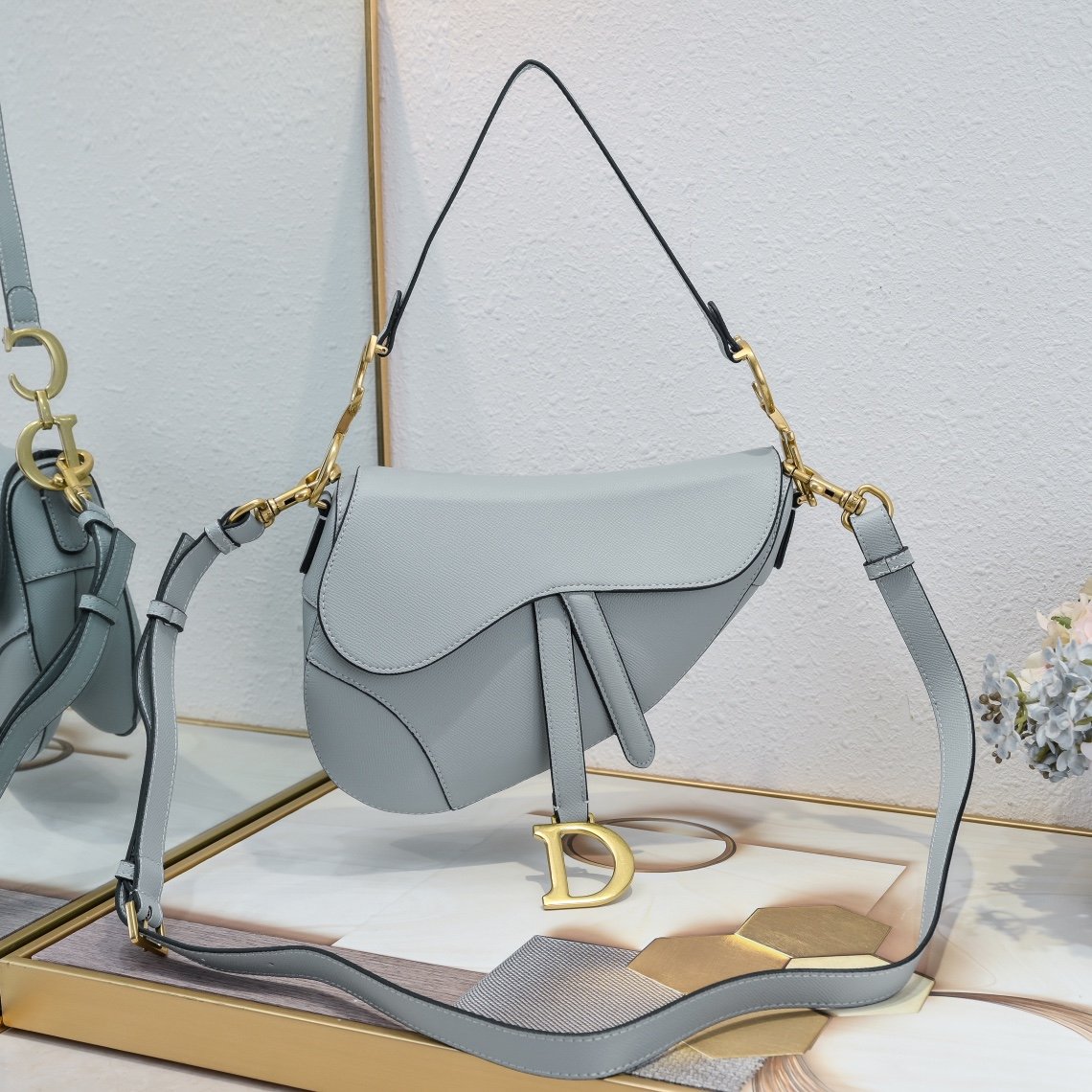 Dior Saddle cuir – Gris bleu
