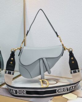 Dior Saddle cuir – Gris bleu – sangle large Christian Dior
