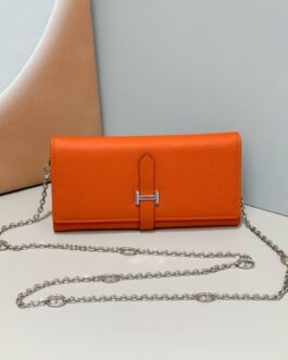Hermès Wallet on Chain H – Orange – chaîne argentée