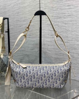 Dior D-Journey – Bleu / Blanc – Jacquard Dior Oblique et cuir – Petit format