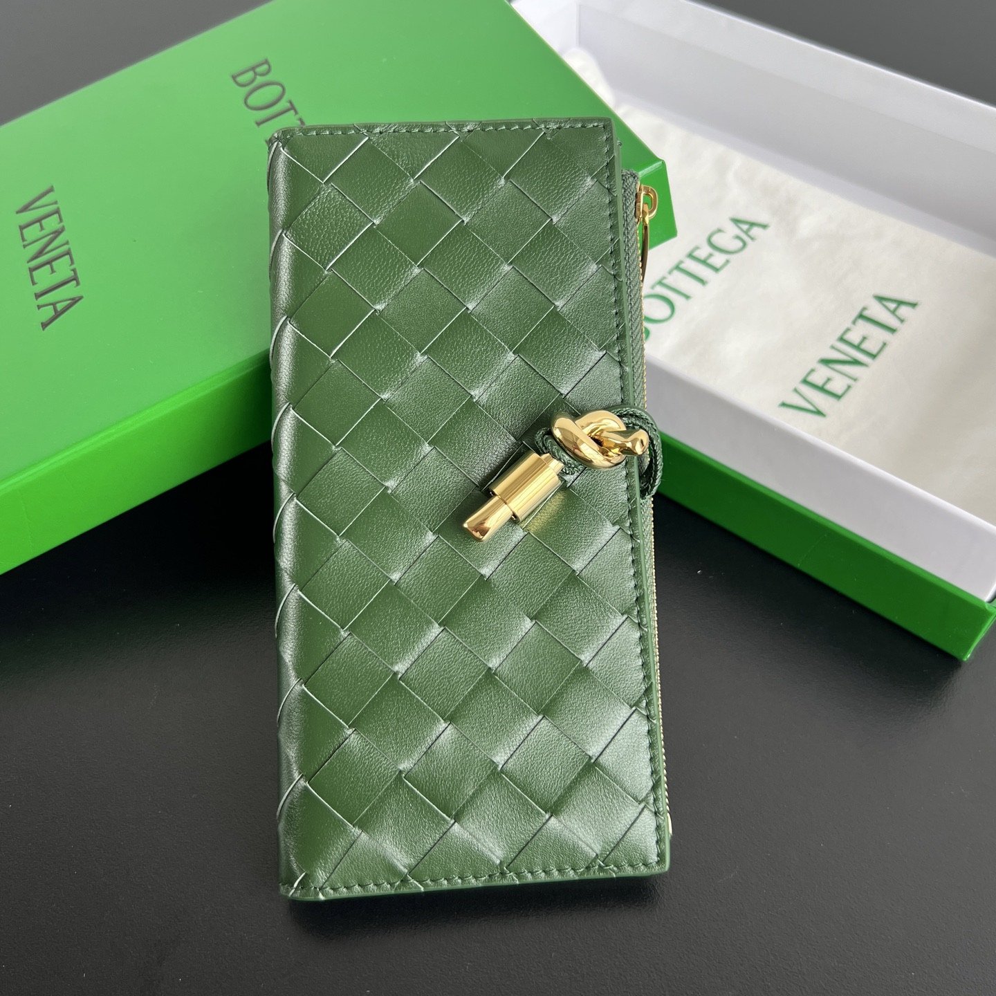 Bottega Veneta Portefeuille long Andiamo – Vert – Cuir nappa Intrecciato – Long