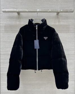 Prada Convertible Cropped Velvet Down Jacket 291805 – court / cropped – Noir – Femme