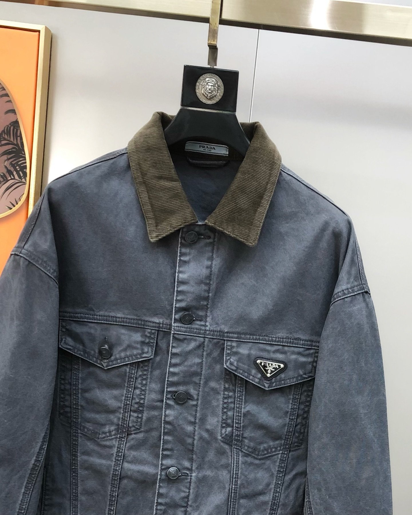 Prada Veste en denim à col velours – Gris délavé - vue 3