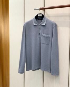 Loro Piana Polo manches longues en maille à poche poitrine Gris bleuté
