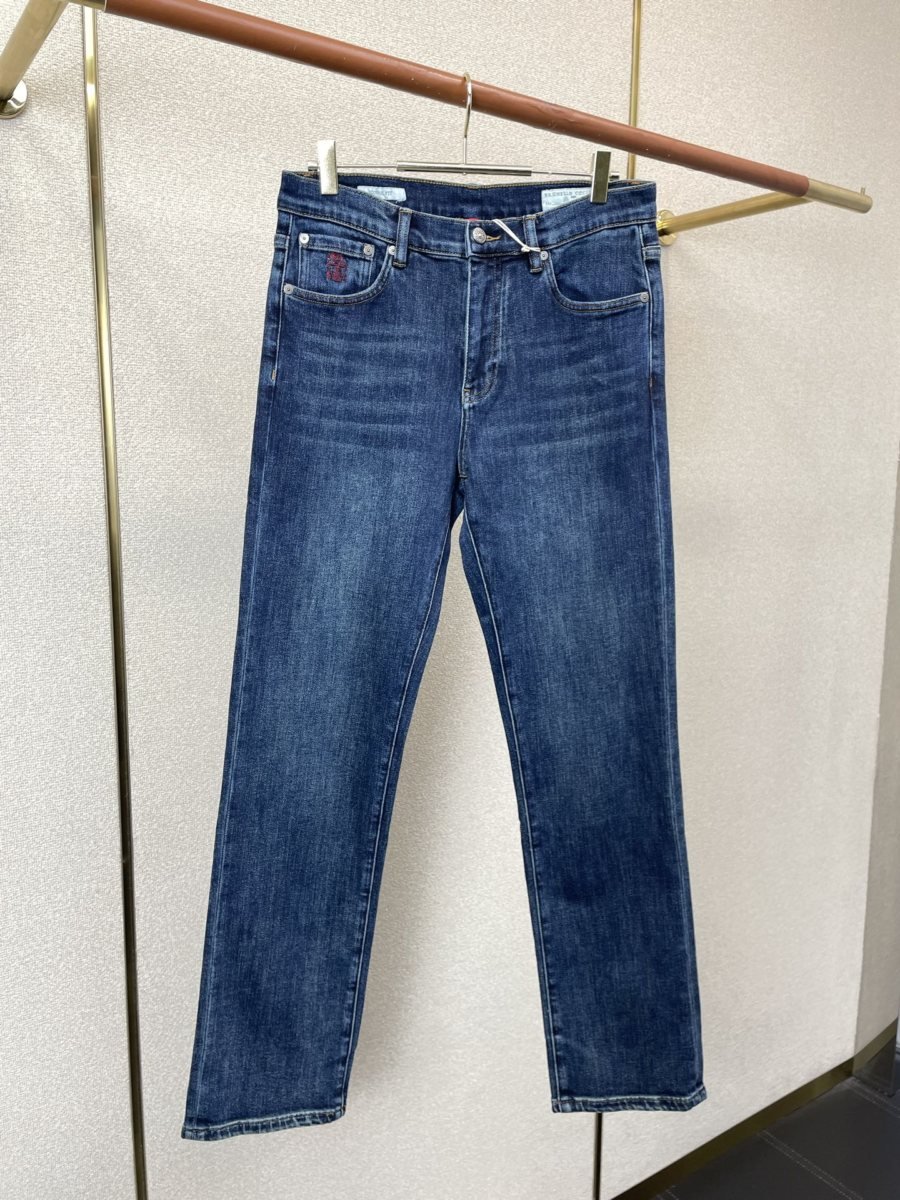 Brunello Cucinelli Jean bleu foncé à surpiqûres croisées sur les poches – Image 2