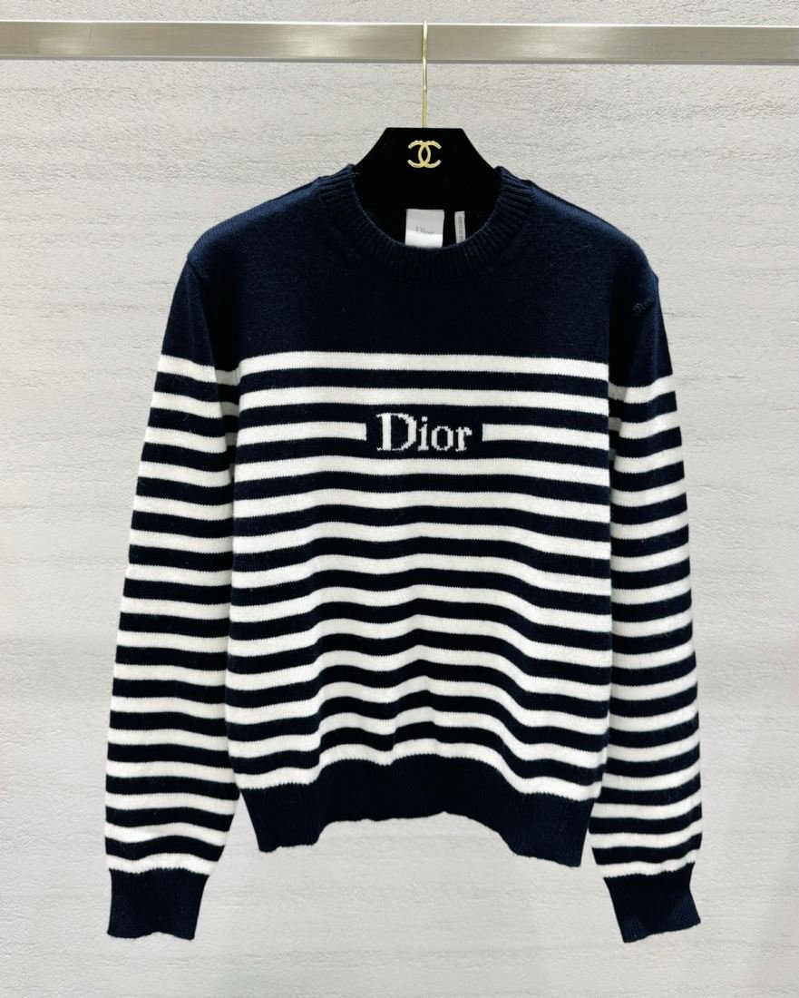 Dior Pull rayé marine et blanc à col rond